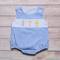 summer clothes boy blue plaid sleeveless easter three broken shell chicks embroidered pattern toddler romper