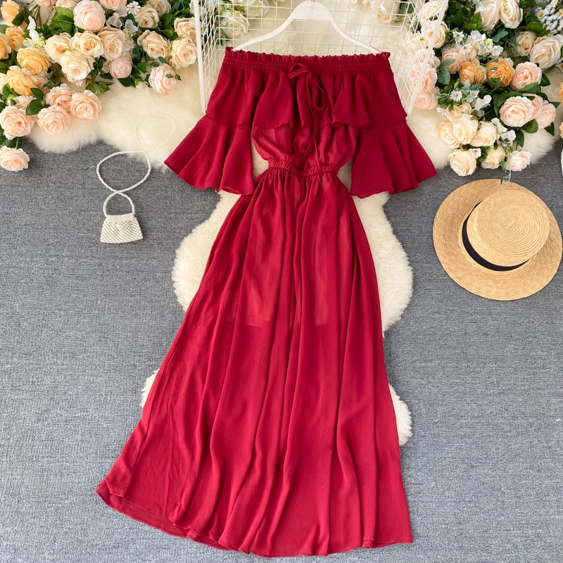 Сексуальное длинное шифоновое платье с открытыми плечами в стиле бохо 2020