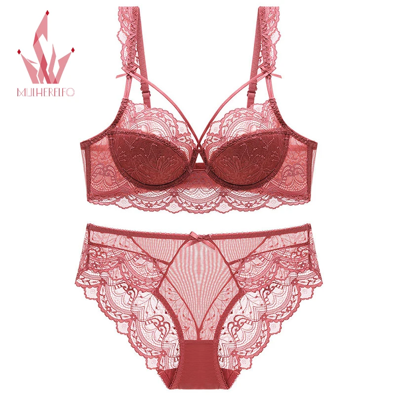 

Mulherelfo Sexy Floral Underwear Women Thin Lace Padded Bras And Briefs Sets Seamless Push Up Bras Lingerie Set Female Brassiere