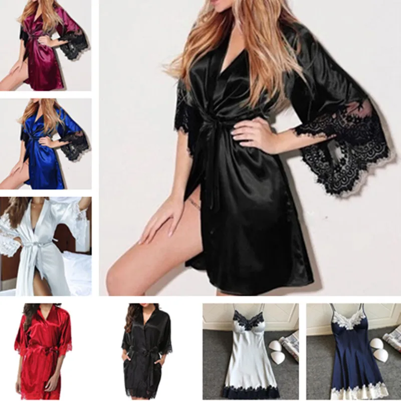 

Fashion SexyImitation Ice Sleepwear Women Ladies Night Dress Lingerie Nighties V-neck Nightdress Lace Up Loose Nightgown