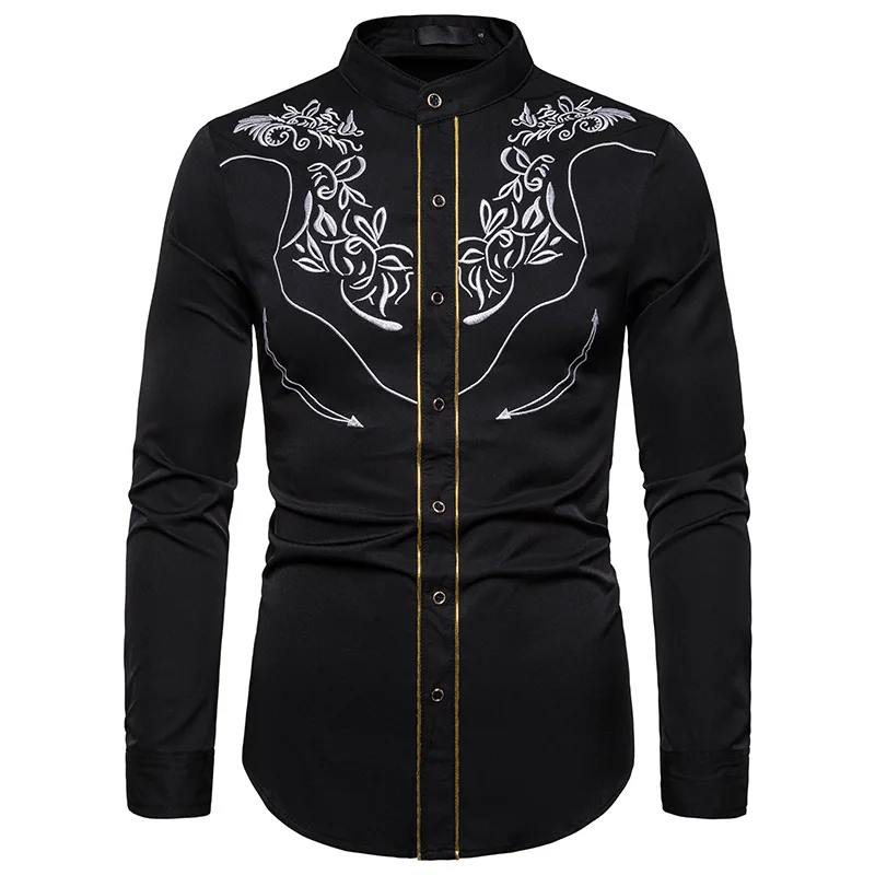 

Fashion Western Cowboy Shirt Men 2021 Brand Mandarin Collar Embroidery Shirt Mens Wedding Party Dress Shirts Male Chemise Homme