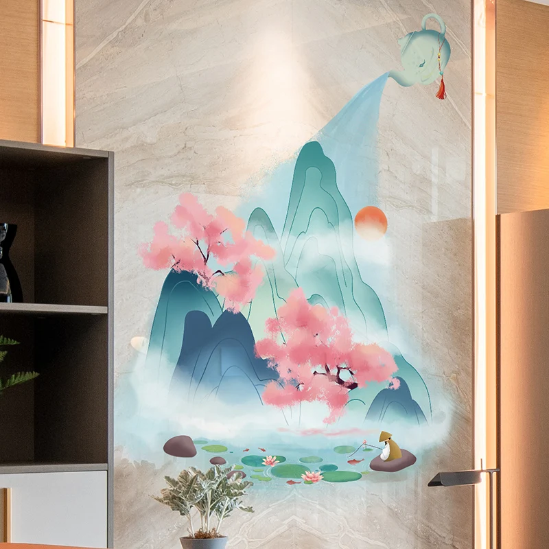 

Chinese Watercolor Landscape Wall Stickers Living Room Decoration Study Room Decor Aesthetic Scenery Decals PVC