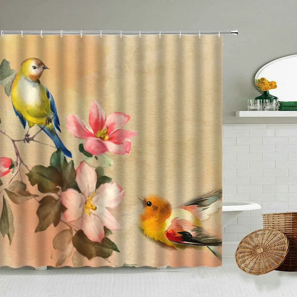 Занавеска для душа в американском стиле ретро с цветочным и птичьим узором
