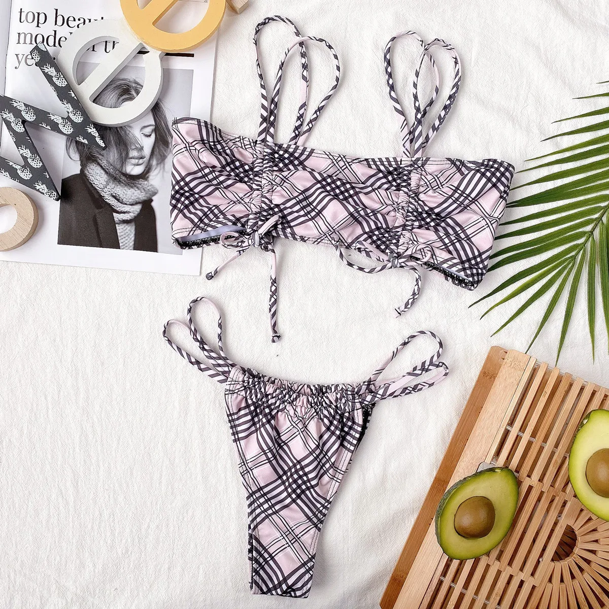 OMKAGI стринги бикини в клетку белый комплект Бандо купальник для женщин