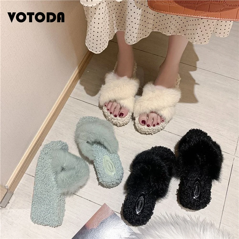 

Fashion Plush Slippers Women Furry High-heeled Slides Fluffy Faux Fur Flip Flops Warm Soft Home Slippers Ladies Winter Shoes