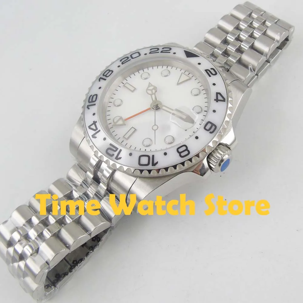 Мужские часы Bliger 40 мм GMT 3804 автоматические стеклянные saphire с белым циферблатом