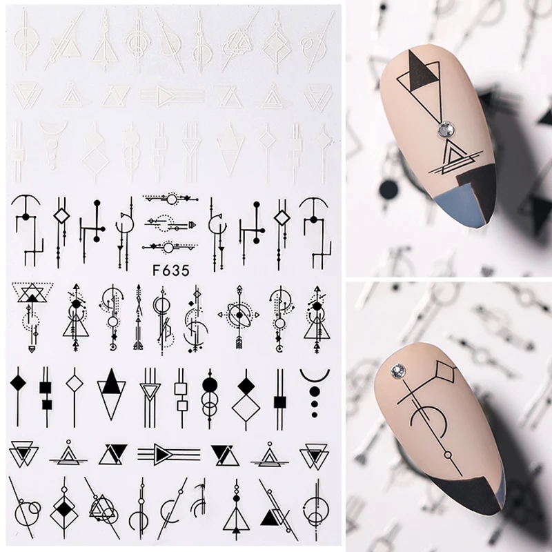 Черные белые 3D наклейки для ногтей геометрические Самоклеящиеся Переводные