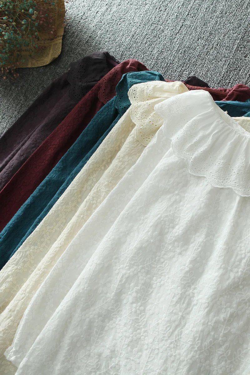 

Back Single Breasted Ruffled Collar Shirt Women Tops Long sleeve solid embroidery shirt tops female