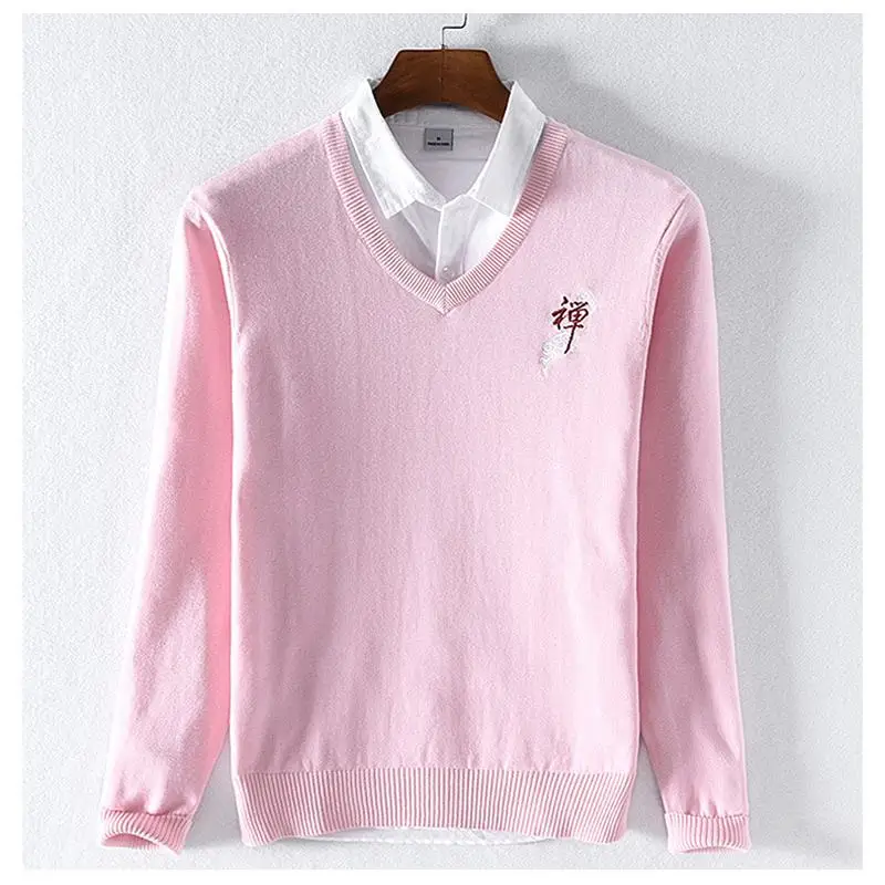 High Quality Chinese-Style Mens Long Sleeve V-Neck Sweaters 100% Cotton Casaul knitted Clothes Fashion Slim Male Tops | Мужская одежда