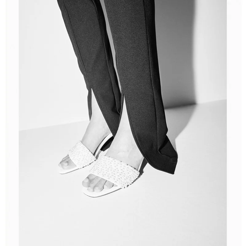 

Women's Slippers Pearl White Sandals Square Toe Back Open Toe Empty Wine Glass High Heels Beaded Sandals