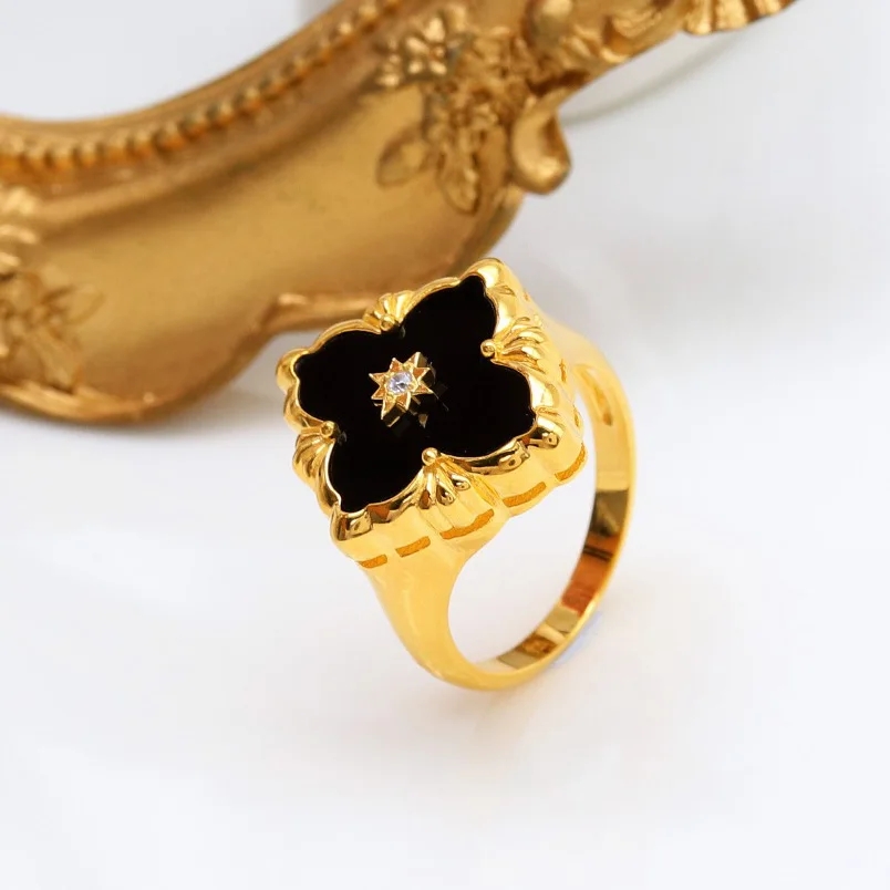 

18K Gold Tone Black Agate Clover Bridal Rings 925 Silver Floral Lucky Zircon Luxury Celtic Wedding Ring Premium 5036