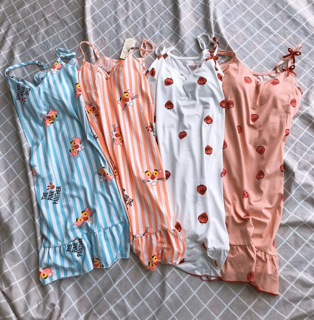 2021 Spring Summer Milk Silk Suspender Nightdress Women's Eye Mask Bra Nightdress Strawberry Sexy Thin Home Clothes Nightwear