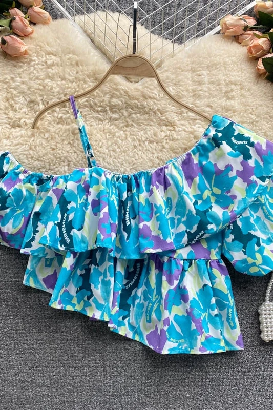 

Vacation Short Top Women's Irregular Ruffled Blouse Skew Collar Floral Print Shirt Fashion Female Puff Sleeve Shirts Blouses