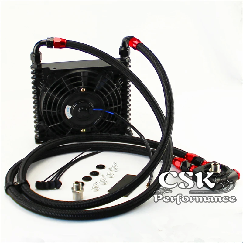 

10AN 32MM 15 Rows Universal Engine Oil Cooler+73 degree Thermostat Sandwich Plate kit +7" Electric Fan Black
