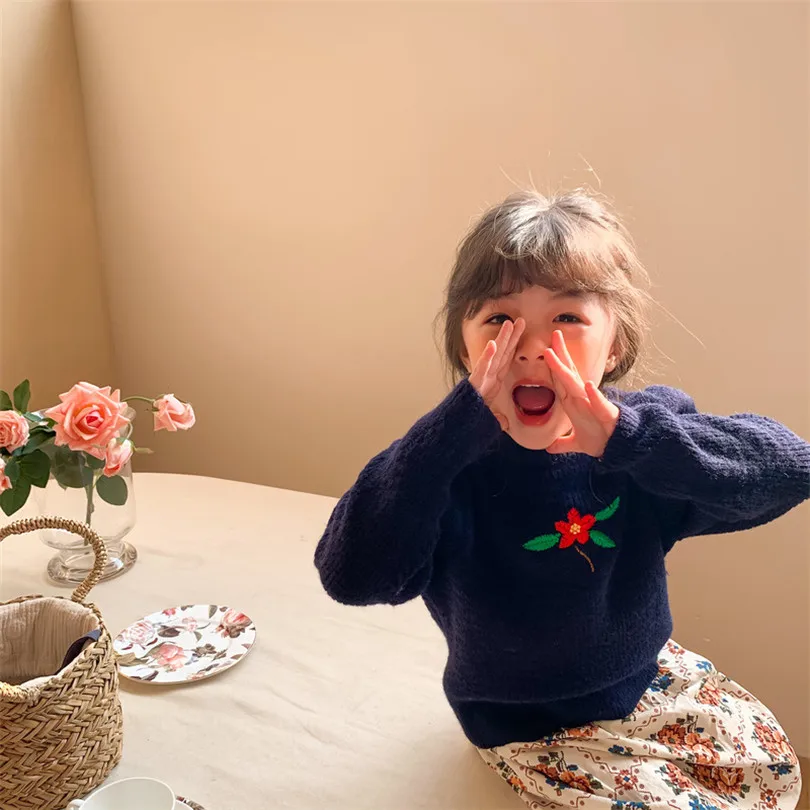 

Весенний вязаный свитер для маленьких девочек, Детский свитер с цветами, пуловер для девочек, шерстяной Детский кардиган, топ, одежда для ма...