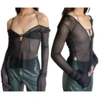 Женская футболка с длинным рукавом, однотонный базовый облегающий кроп-топ с глубоким V-образным вырезом и разрезом, уличный клубный Топ, лето-осень 2021