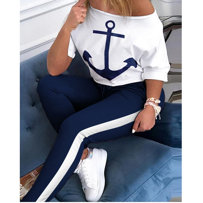 Plus Size 2 Piece Set Top And Pants Femme Clothes Elastic Waist Long Tracksuit Women Two Boat Anchor Print |