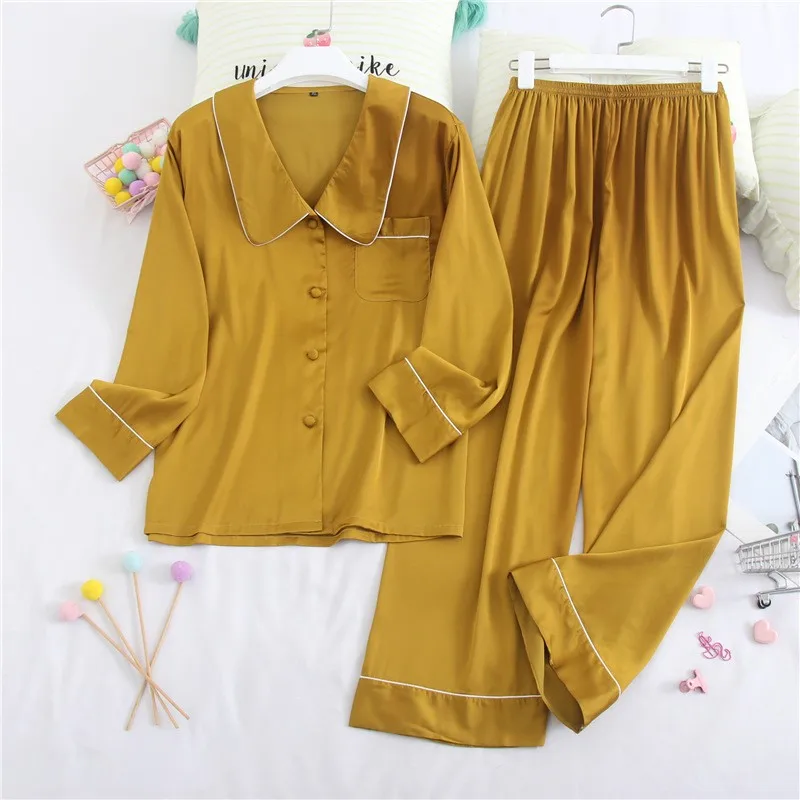 

Женский пижамный комплект из 2 предметов, повседневная одежда для сна, атласная рубашка и брюки, одежда для отдыха, пижама из искусственного ...