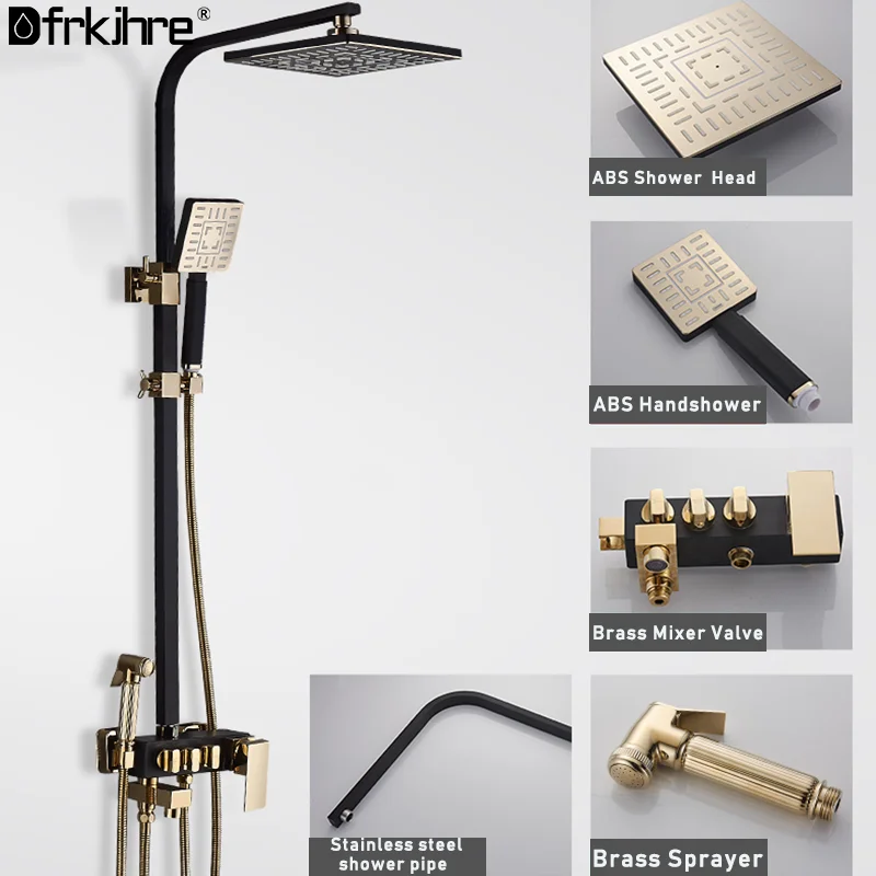 

Bathroom Rainfall Shower Faucet Golden Black Shower Set With Bidet Sprayer Wall Mount Mixer Tap Shower Hot Cold Water Tap Crane