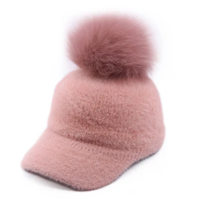 Pink Осенне-зимние женские винтажные кашемировые бейсболки из норки, плотная теплая однотонная Лыжная бейсболка для девочки с помпоном из натурального меха лисы - Цвет: Pink