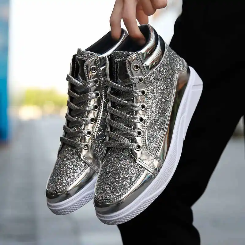 

Men Women High Top Sneakers Gold Glitter True Sneakers Lace Up Couple Shoes Men Casual Shoes Sequins Silver Bling Men Shoes 8-T