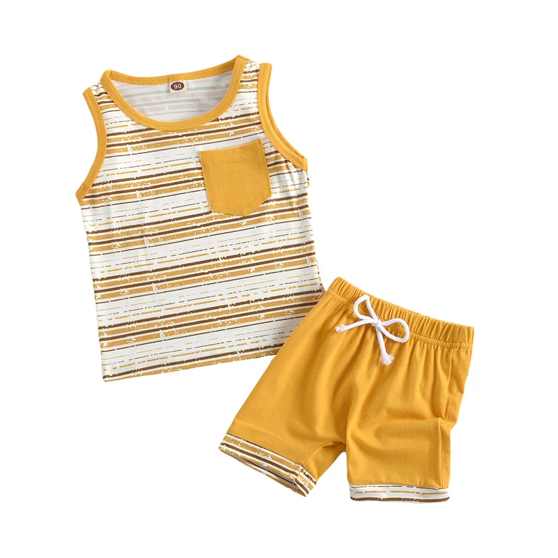 

2Pcs Toddler Little Boys Cotton Summer Clothing Set Sleeveless O-Neck Striped Print Tops+Shorts Set for Children Boys,1-5 Years