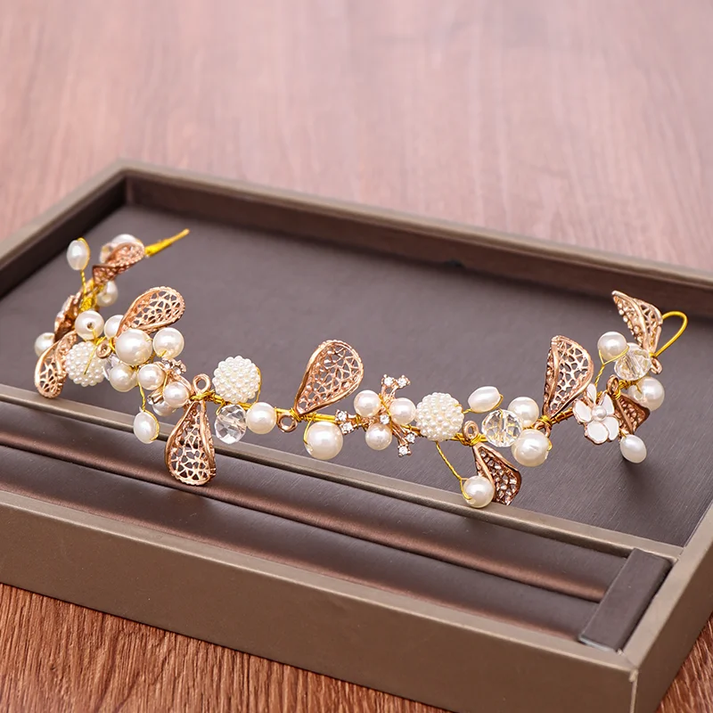 Gold Pearl Rhinestone Flower Headband Bride Headpiece Handmade Wedding Hair Band Head Jewelry For Women Baridal Accessories | Украшения и