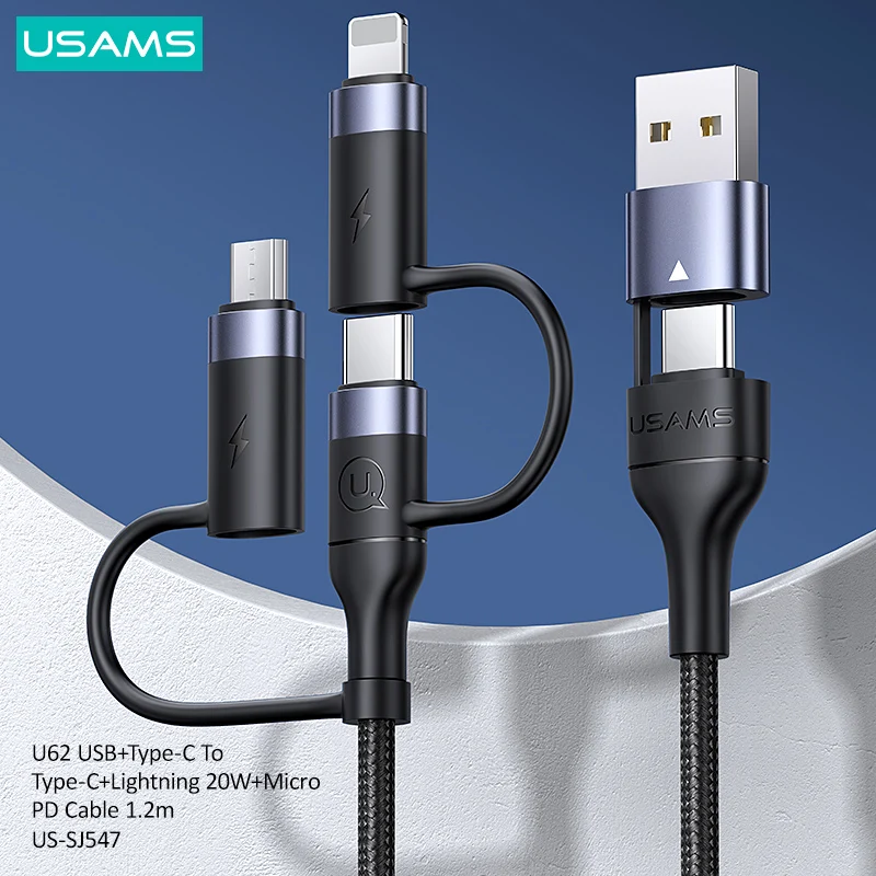 USAMS 60 Вт 3 в 1 USB-кабель Тип C кабель 2 м для быстрой зарядки iPhone 13 12 11 Pro Max Huawei Xiaomi