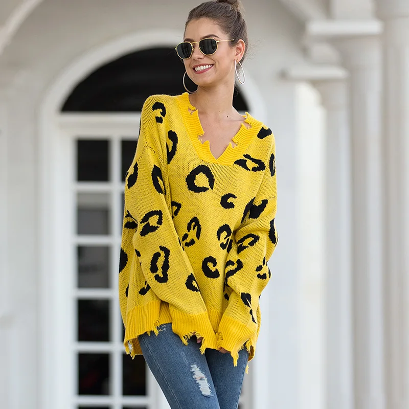 Loose Ripped Sexy Deep V Neck Jumpers Leopard Knit Women Runway Sweaters Winter Fall Pullover Long Sleeves Knitted | Женская одежда
