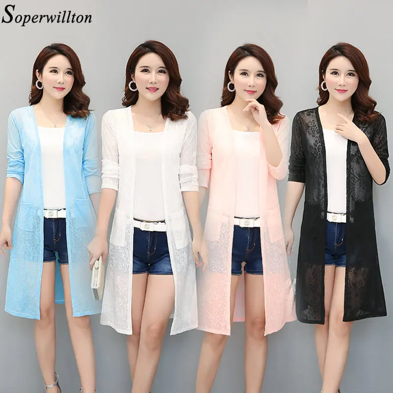 Летнее Кимоно Кардиган Женская Черная кружевная блузка белая длинная рубашка