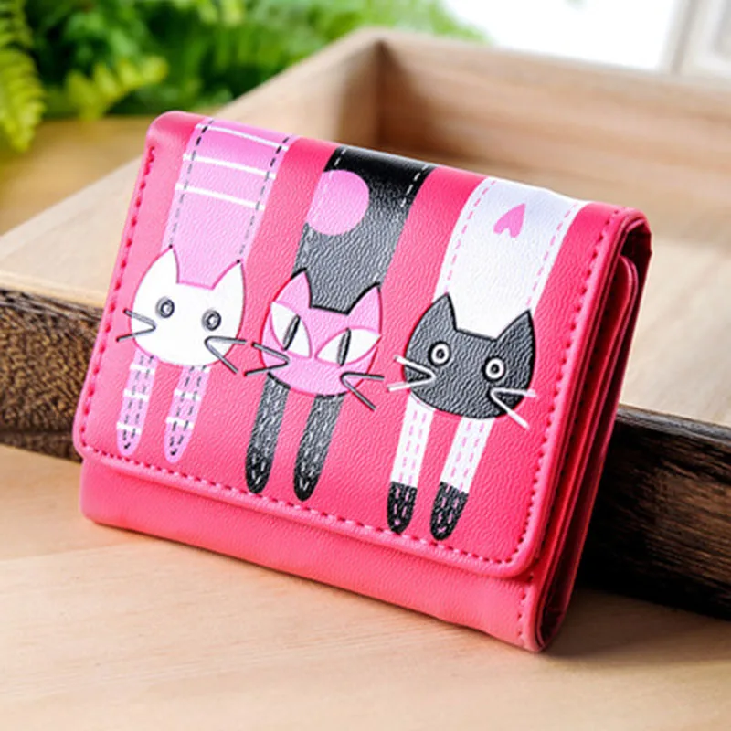 

Pu Leather Tri-fold Photo Card Holders Ladies Coin Purse Cartoon Lovely Cute Cats Short Women Wallet