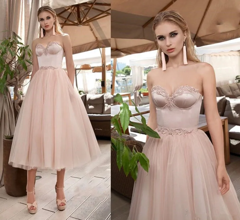 

New Pink A-Line Prom Dress Sweetheart Appliqued Tulle Short Evening Gowns Tea-length Formal Gratuation Wear Vestidos