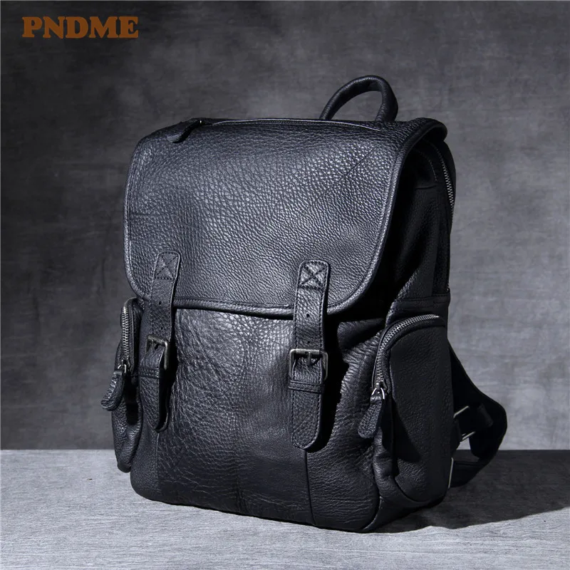 PNDME high quality first layer cowhide men's backpack casual large capacity travel soft genuine leather black women's bagpack