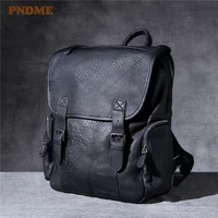 pndme high quality first layer cowhide mens backpack casual large capacity travel soft genuine leather black womens bagpack