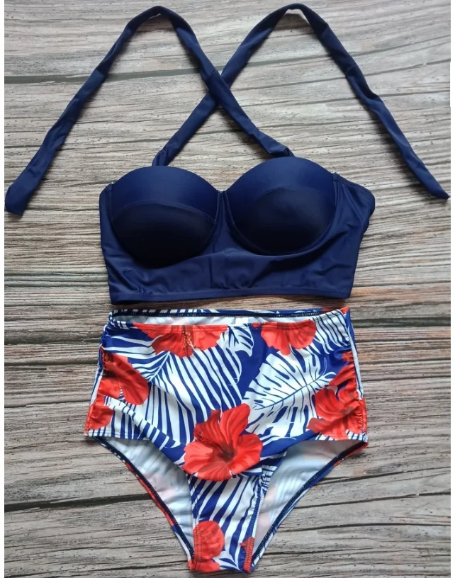 

Plus Size Swimwear 2021 New Sexy Sunflower Two Piece High Waist Solid Color Push UpTankini Vintage Bikini Set Maillot De Bain