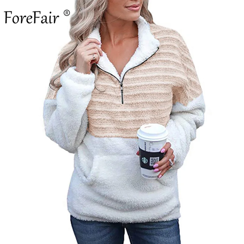 Forefair/плюшевая Толстовка в полоску; женские зимние пуловеры с длинным рукавом и высоким воротом; большие размеры; искусственный мех; теплые толстовки; коллекция года; сезон осень