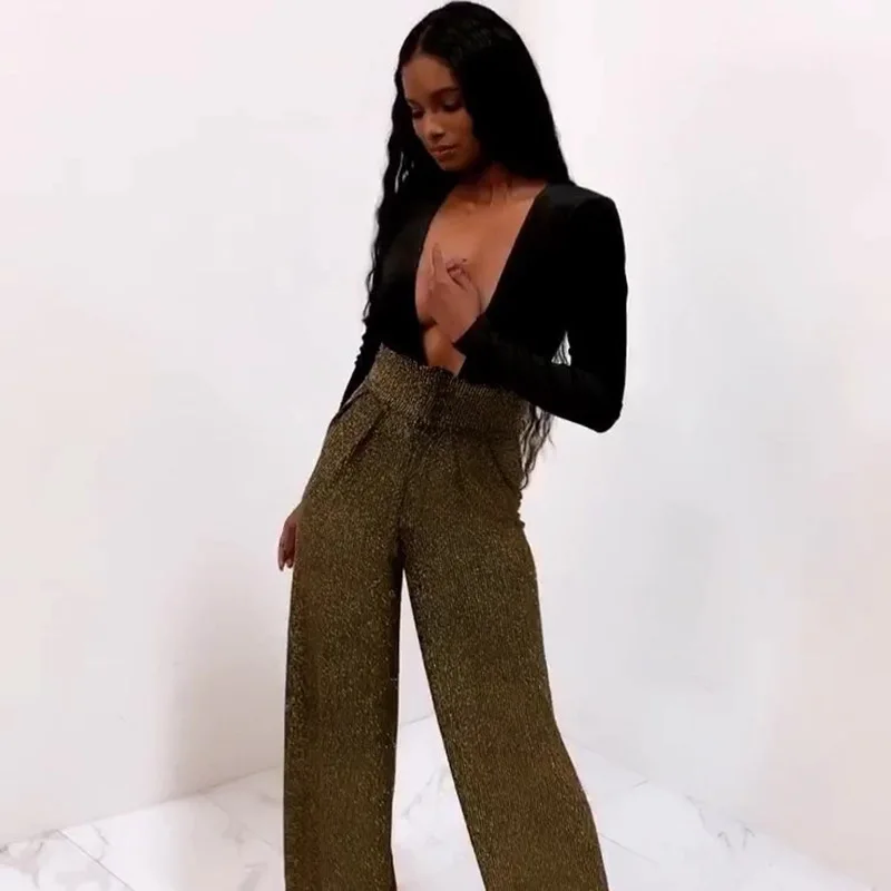 

European fashion sexy solid color elastic wide leg pants casual loose tight to high waist women's pants