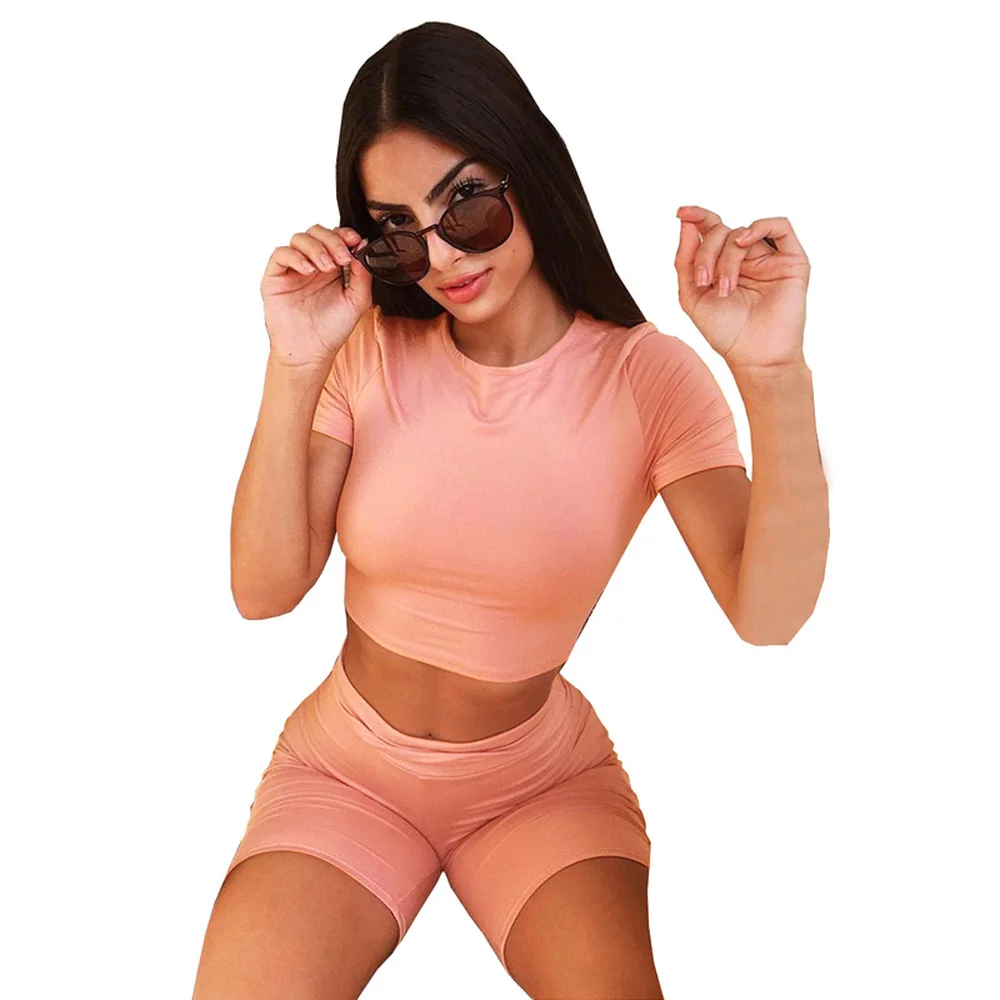 

2021 Casual Sportswear Two Piece Suit Gym Clothing High Stretch Short Sleeve Crop Top Skinny Short Pant Workout Exercise Outfits