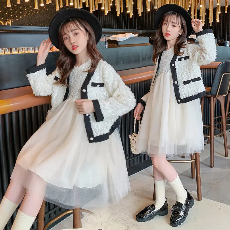 

New Arrivals Clothing Sets for Teen Girls Autumn Fashion Princess Elegant Hollow Out Floral Jackets+Mesh Dress Kids 2PCS Costume