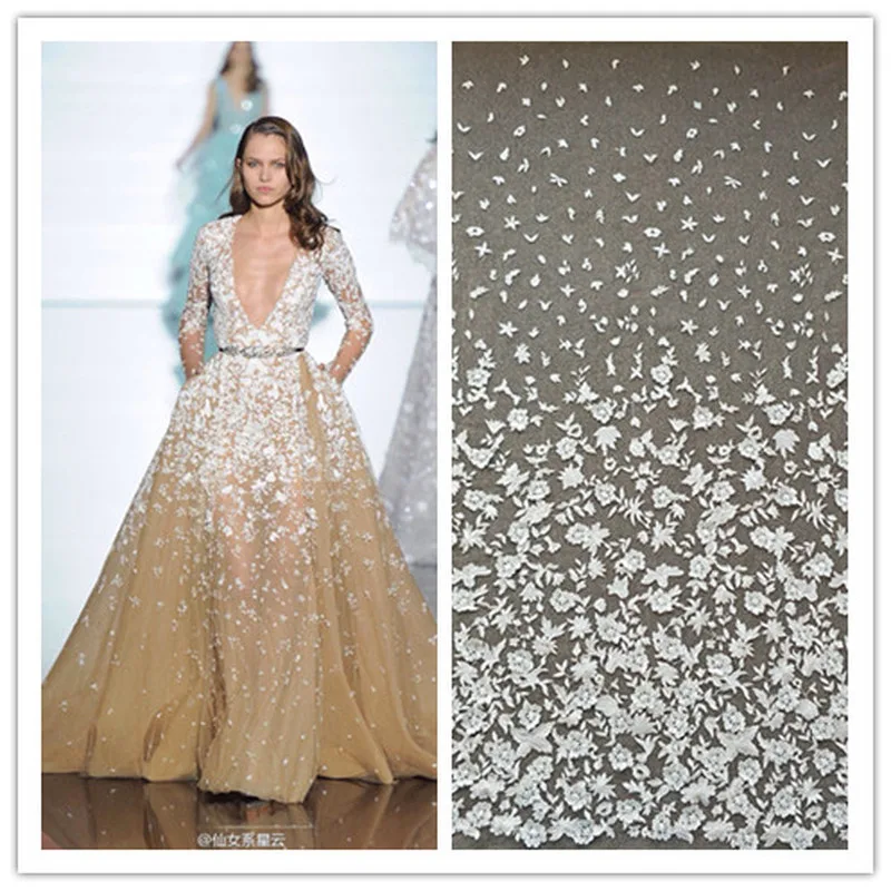 Незамкнутая белая Цветочная вышивка абрикосовая сетчатая ткань для свадебного