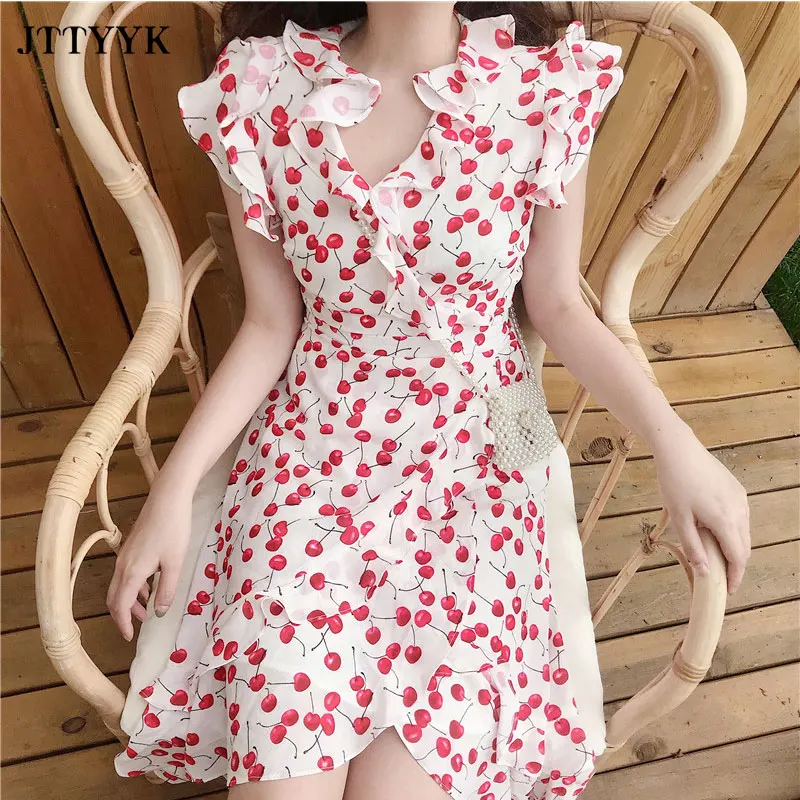 

Woman Long Summer Ruffle Dress 2021 Print Chiffon Party Dresses Ladies V-neck Vintage Beach Dress Short sleeve Casual Sundress