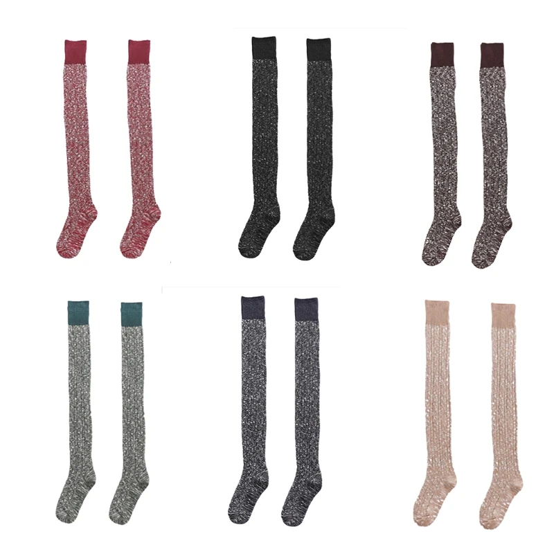 

Женские зимние очень длинные чулки до бедра, контрастные Цветные Лоскутные вязаные крючком носки выше колена, чулки 101A