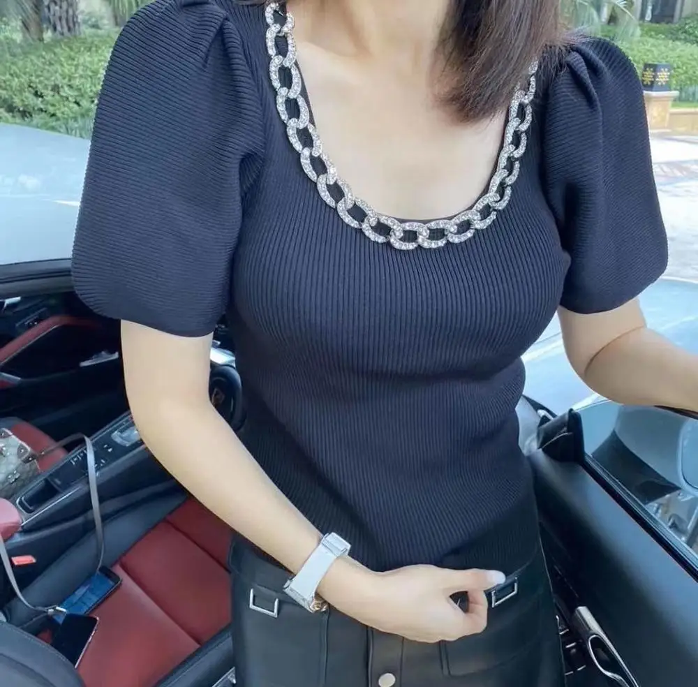 

Summer V-neck Chain Puff Sleeve Knitted Tshirt women Slim Stretch Top Knitted top tees