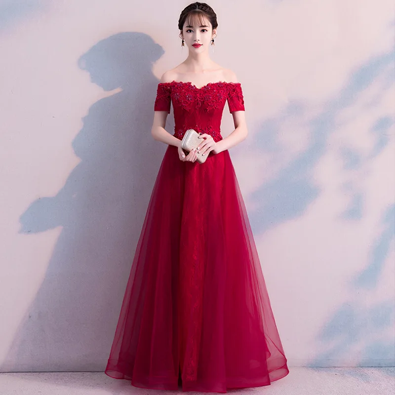 

Sexy Off Shoulder Evening Dresses Vintage Lace Applique Corset Back Tulle Prom Party Gowns Floor Length Maid of Honor Formal
