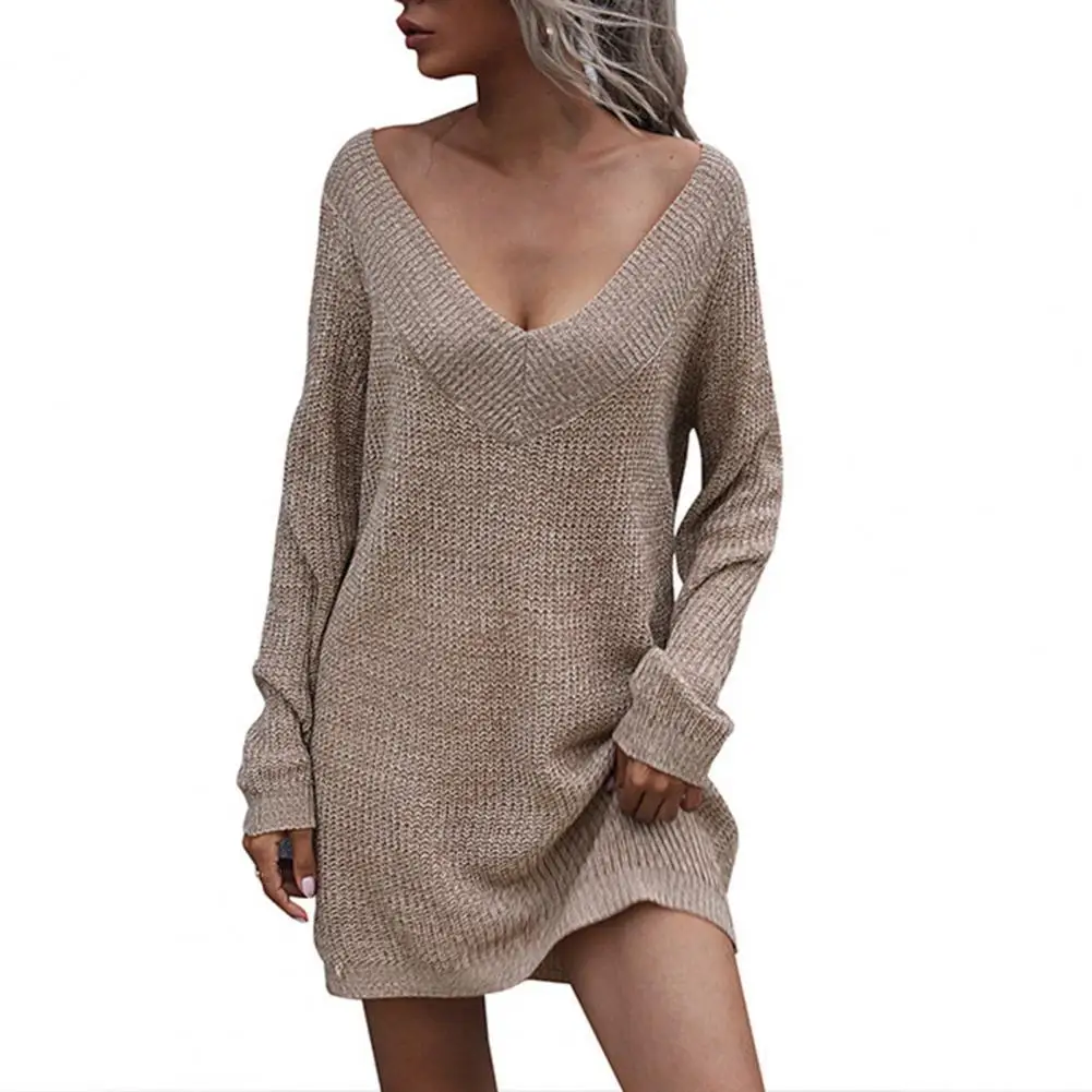 

Office Lady Dress Solid Color V Neck Autumn Winter Long Sleeve Above Knee Length Knitted Dress for Wedding