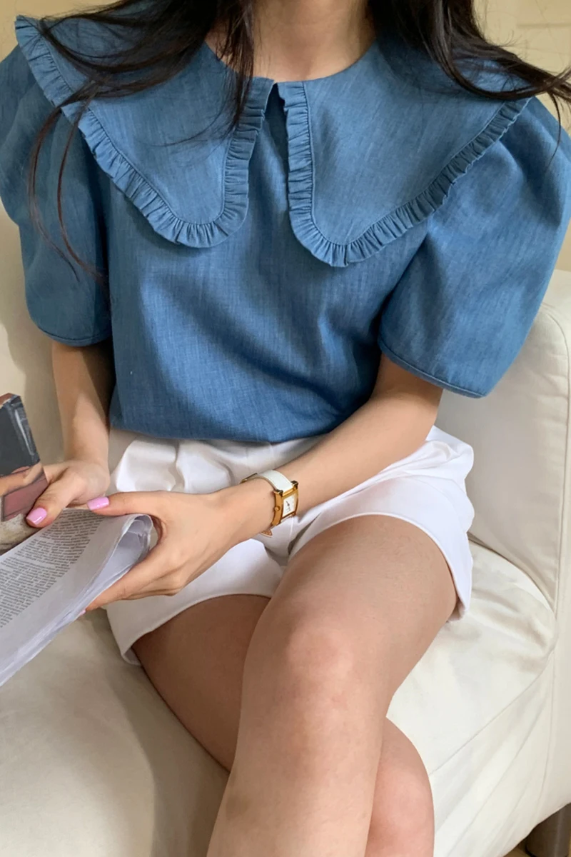 

Korejpaa Women Shirt 2021 Summer Korean Chic Ladies Retro Niche Big Lapel Loose Puff Sleeve Washed Blue Denim Wooden Ears Blouse