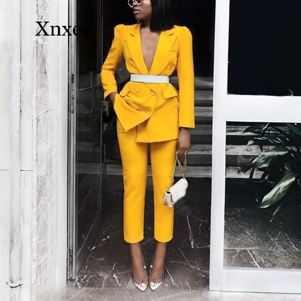 Yellow Red  Blazer Feminino Conjunto Pantalone Double Breasted Notched Collar Office Ladies Blazer Pocket Long Sleeve Pant Suits