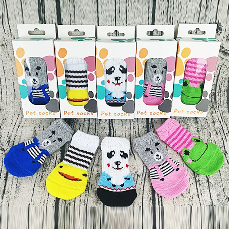 

4pcs/Set Cute Dog Knit Socks Cotton Anti-Slip Cat Shoes For Autumn Winter Indoor Wear Anti Slip On Paw Protector Puppy Dog Socks