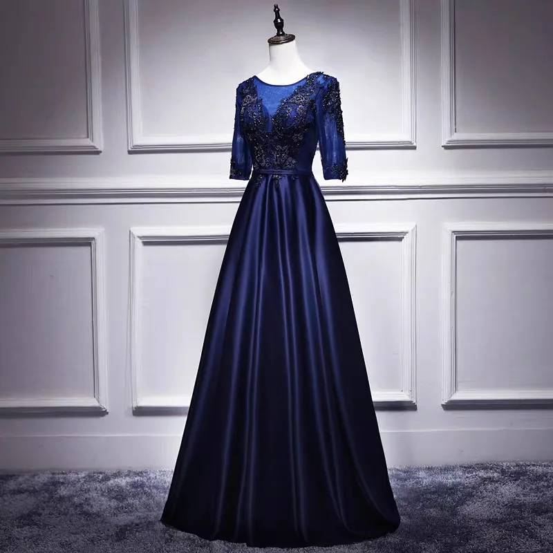 

Office Lady Exquisite Appliques Trim Pleated Dresses Elegant O-Neck Floor-Length Banquet Gown Navy Blue Formal Party Dress