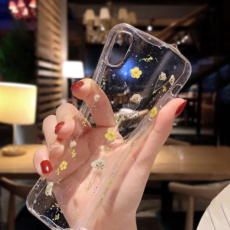 

For iPhone 12 Pro Max Case Silicon Case On iPhone 11 XS XR 8 Plus 7 6 6S Plus SE 2020 Shell Real Flower Phone Cover Fundas Capa